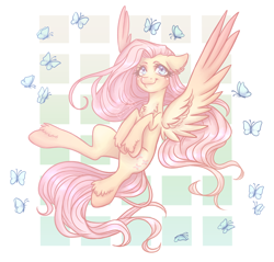 Size: 2300x2200 | Tagged: safe, artist:airadyarhahs, fluttershy, butterfly, pegasus, pony, abstract background, chest fluff, colored pupils, cute, ear fluff, female, heart eyes, leg fluff, mare, shyabetes, solo, spread wings, wingding eyes, wings