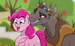 Size: 900x555 | Tagged: safe, artist:rutkotka, pinkie pie, pony, clothes, floral head wreath, flower, gaunter o'dim, male, master mirror, pointing, ponified, smiling, the witcher, witcher wild hunt