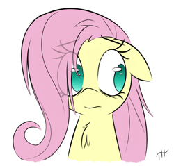 Size: 2200x2100 | Tagged: safe, artist:fakskis, fluttershy, pegasus, pony, bust, chest fluff, cute, eye clipping through hair, female, floppy ears, mare, no pupils, portrait, shyabetes, simple background, solo, white background