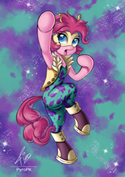 Size: 530x750 | Tagged: safe, artist:pyropk, pinkie pie, pony, bipedal, boots, clothes, cosplay, costume, crossover, horns, mask, mina ashido, my hero academia, namesake, shoes, solo