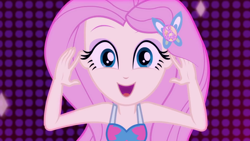 Size: 1920x1080 | Tagged: safe, screencap, fluttershy, better together, equestria girls, i'm on a yacht, beautiful, close-up, cute, female, geode of fauna, happy, looking at you, magical geodes, neon eg logo, open mouth, shyabetes, sleeveless, smiling, solo