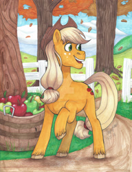 Size: 1280x1668 | Tagged: safe, artist:whisperseas, applejack, earth pony, pony, apple, autumn, bucket, deviantart watermark, fence, food, leaves, raised hoof, solo, traditional art, tree, unshorn fetlocks, watermark