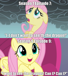 Size: 1280x1440 | Tagged: safe, edit, edited screencap, screencap, fluttershy, pegasus, pony, dragonshy, sweet and smoky, caption, character development, comparison, female, image macro, mare, text