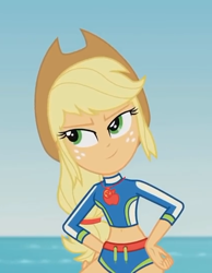 Size: 418x540 | Tagged: safe, screencap, applejack, better together, blue crushed, equestria girls, clothes, cowboy hat, cropped, female, geode of super strength, hat, solo, swimsuit