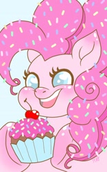 Size: 800x1280 | Tagged: safe, artist:alien-kisses, pinkie pie, earth pony, pony, blushing, bust, colored pupils, cupcake, cute, diapinkes, ear blush, food, hoof hold, open mouth, portrait, solo, sprinkles