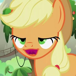 Size: 858x859 | Tagged: safe, screencap, applejack, earth pony, pony, sounds of silence, appul, cropped, faic, female, great moments in animation, lidded eyes, mare, mid-blink screencap, open mouth, ponyface, smiling, solo, uvula, wat