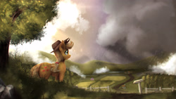 Size: 4000x2250 | Tagged: safe, artist:blackligerth, applejack, earth pony, pony, cowboy hat, female, hat, mare, scenery, solo, stetson, tree