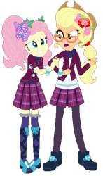 Size: 328x556 | Tagged: safe, artist:bezziie, applejack, fluttershy, equestria girls, base used, clothes, crystal prep academy uniform, glasses, school uniform, simple background, transparent background