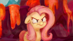 Size: 4416x2484 | Tagged: safe, artist:aemantaslim, fluttershy, pegasus, pony, sweet and smoky, angry, badass, cute, female, floppy ears, flutterbadass, lava, madorable, mare, scene interpretation, shyabetes, solo