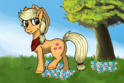 Size: 1620x1080 | Tagged: safe, artist:usattesa, applejack, earth pony, pony, bandana, blonde, blonde hair, cutie mark, digital art, fedora, flower, grass, green eyes, hat, paint tool sai, solo, tree