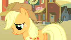 Size: 697x396 | Tagged: safe, screencap, applejack, earth pony, pony, over a barrel, cropped, cute, female, freckles, jackabetes, mare, plot, sad, solo, unhapplejack, what have i done