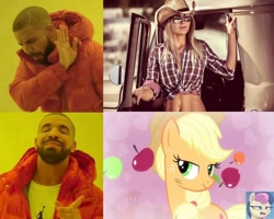 Size: 720x576 | Tagged: safe, applejack, bon bon, sweetie drops, earth pony, pony, simple ways, apple, cowboy hat, cowgirl, cute, drake, female, food, hat, hotline bling, meme, watermark