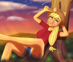 Size: 3500x3000 | Tagged: safe, artist:mintjuice, applejack, anthro, firefly (insect), cloud, evening, grass, hill, looking at you, shooting star, sitting, smiling, solo, stars, straw, straw in mouth, tree