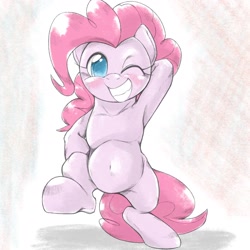 Size: 1536x1536 | Tagged: safe, artist:kurogewapony, pinkie pie, earth pony, pony, armpits, belly button, female, grin, mare, one eye closed, silly, smiling, solo, standing, wink