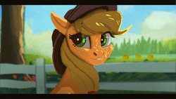 Size: 1920x1080 | Tagged: safe, artist:hierozaki, applejack, earth pony, pony, cowboy hat, female, fence, hat, letterboxing, mare, smiling, solo, stetson