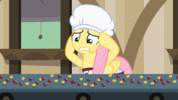 Size: 711x400 | Tagged: safe, screencap, fluttershy, pegasus, pony, the last roundup, animated, cherry, conveyor belt, cute, food, gif, loop, overwhelmed, scared, solo