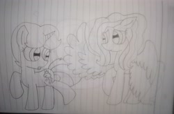 Size: 4521x2992 | Tagged: safe, artist:徐詩珮, fluttershy, spring rain, pegasus, pony, unicorn, my little pony: the movie, female, lesbian, lineart, mare, shipping, springshy, traditional art