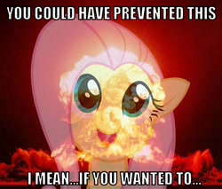 Size: 882x750 | Tagged: safe, fluttershy, pegasus, pony, adoracreepy, caption, creepy, cute, dissonant caption, doom paul, exploitable meme, image macro, it's happening, meme, nuclear explosion, ponified, text, wtf, wtf boom!