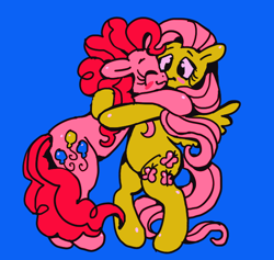 Size: 626x594 | Tagged: safe, artist:echobone, fluttershy, pinkie pie, earth pony, pegasus, pony, blue background, blushing, cute, diapinkes, female, flutterpie, hug, kidcore, kissing, lesbian, mare, shipping, shyabetes, simple background, wings
