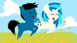 Size: 3840x2160 | Tagged: safe, artist:agkandphotomaker2000, dj pon-3, vinyl scratch, oc, oc:pony video maker, pegasus, pony, unicorn, canon x oc, flower field, happy, playing, pointy ponies, running, videoscratch