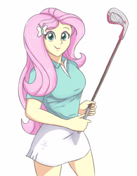 Size: 2477x3178 | Tagged: safe, artist:sumin6301, fluttershy, equestria girls, clothes, female, golf, golf club, simple background, skirt, smiling, solo, sports, white background