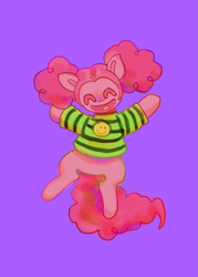 Size: 1311x1829 | Tagged: safe, artist:echobone, pinkie pie, pony, alternate hairstyle, clothes, eyes closed, jumping, kidcore, needs more saturation, pigtails, purple background, shirt, simple background, smiling, solo, striped shirt