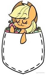 Size: 615x1000 | Tagged: safe, artist:typhwosion, applejack, earth pony, pony, apple, applejack's hat, cowboy hat, eating, eyes closed, female, food, freckles, hat, mare, pocket, pocket pony, raised hoof, simple background, smiling, solo, white background