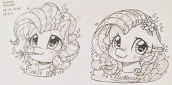 Size: 1238x612 | Tagged: safe, artist:auroracursed, fluttershy, pinkie pie, pegasus, pony, bust, cute, female, looking at you, mare, monochrome, smiling, solo, traditional art, watermark