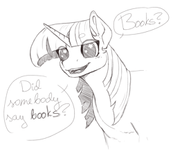 Size: 2000x1777 | Tagged: safe, artist:rebeccanoart, twilight sparkle, pony, unicorn, book, bookhorse, dialogue, excited, female, mare, monochrome, simple background, smiling, solo, that pony sure does love books, twilight fuel, white background, wingding eyes