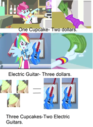 Size: 1832x2488 | Tagged: safe, cup cake, equestria girls, guitar centered, music to my ears, rainbow rocks, comparison, economics, money, ponied up, wat