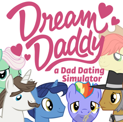 Size: 1440x1435 | Tagged: safe, bow hothoof, bright mac, gentle breeze, hondo flanks, igneous rock pie, night light, earth pony, ghost, pegasus, pony, unicorn, dad six, dating sim, dream daddy, heart, logo, male, simple background, stallion, vector, video game, white background