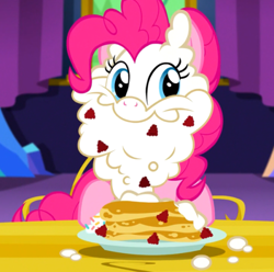 Size: 500x495 | Tagged: safe, screencap, pinkie pie, earth pony, pony, castle sweet castle, beard, cute, diapinkes, female, food, food on face, mare, pancakes, raspberry (food), smiling, solo, sprinkles, tongue out, whipped cream