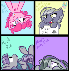 Size: 1057x1102 | Tagged: safe, artist:rainbow eevee, limestone pie, marble pie, maud pie, pinkie pie, earth pony, pony, cute, female, floppy ears, grin, mare, open mouth, pie family, pie sisters, scared, shy, siblings, sign, sisters, smiling, tongue out, upside down