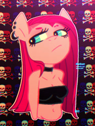 Size: 768x1024 | Tagged: safe, artist:hueghost, pinkie pie, anthro, bare shoulders, belly button, breasts, choker, cleavage, ear piercing, edgy, female, piercing, pinkamena diane pie, punkamena, punkie pie, skull and crossbones, solo, strapless