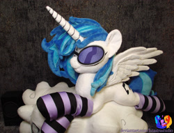 Size: 3011x2304 | Tagged: safe, artist:1stastrastudio, dj pon-3, vinyl scratch, alicorn, pony, clothes, cloud, female, horn, irl, mare, photo, plushie, prone, race swap, socks, spread wings, striped socks, sunglasses, vinyl's glasses, wings