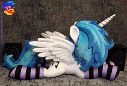 Size: 2960x2005 | Tagged: safe, artist:1stastrastudio, dj pon-3, vinyl scratch, alicorn, pony, clothes, female, horn, irl, mare, photo, plushie, prone, race swap, socks, spread wings, striped socks, wings