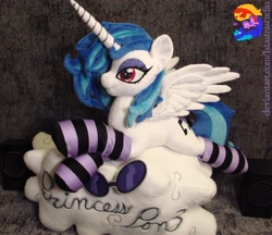 Size: 2672x2304 | Tagged: safe, artist:1stastrastudio, dj pon-3, vinyl scratch, alicorn, pony, clothes, cloud, female, horn, irl, mare, photo, plushie, prone, race swap, socks, spread wings, striped socks, sunglasses, vinyl's glasses, wings