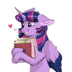 Size: 2000x2000 | Tagged: safe, artist:scarletskitty12, twilight sparkle, twilight sparkle (alicorn), alicorn, pony, adorkable, book, cute, dork, ear fluff, female, floppy ears, heart, mare, simple background, smiling, solo, that pony sure does love books, white background