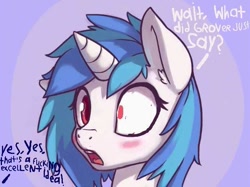 Size: 641x480 | Tagged: safe, artist:ligerstorm, edit, dj pon-3, vinyl scratch, pony, unicorn, 1000 hours in ms paint, blushing, cute, dialogue, female, implied grover monster, mare, reaction, sesame street, shocked, solo, vulgar, wrong eye color