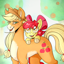 Size: 1000x1000 | Tagged: safe, artist:cinnamonsparx, apple bloom, applejack, earth pony, pony, alternate design