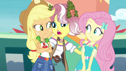 Size: 1920x1080 | Tagged: safe, screencap, applejack, fluttershy, vignette valencia, better together, equestria girls, rollercoaster of friendship, geode of fauna, geode of super strength