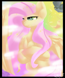 Size: 515x620 | Tagged: safe, artist:penpale-heart, fluttershy, pegasus, pony, cloud, feather, female, lidded eyes, mare, smiling, solo