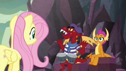 Size: 1920x1080 | Tagged: safe, screencap, fluttershy, garble, smolder, dragon, pegasus, pony, sweet and smoky, beatnik, bongos, brother and sister, dragoness, embarrassed, female, male, mare, siblings, trio