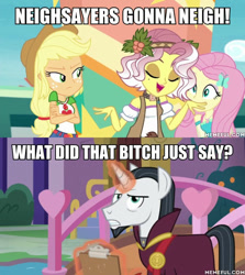 Size: 600x674 | Tagged: safe, edit, edited screencap, screencap, applejack, chancellor neighsay, fluttershy, vignette valencia, better together, equestria girls, rollercoaster of friendship, school daze, geode of fauna, geode of super strength, image macro, meme, vulgar