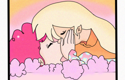 Size: 600x387 | Tagged: safe, artist:kurisunimii, applejack, pinkie pie, human, 90's anime, 90s anime, anime, applepie, cute, female, humanized, kissing, lesbian, princess applejack, princess pinkie pie, ranma 1/2, ranma saotome, shipping