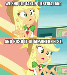 Size: 600x674 | Tagged: safe, edit, edited screencap, screencap, applejack, better together, equestria girls, rollercoaster of friendship, equestria land, geode of super strength, image macro, meme, push it somewhere else patrick, sandy spongebob and the worm, spongebob squarepants