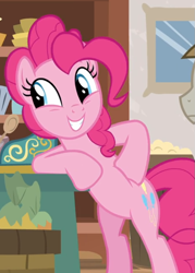 Size: 597x834 | Tagged: safe, screencap, mudbriar, pinkie pie, earth pony, pony, the maud couple, bipedal, bipedal leaning, cropped, female, hooves on hips, leaning, looking at something, male, mare, offscreen character, smiling, solo focus, stallion