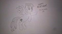 Size: 2491x1402 | Tagged: safe, artist:zeb, derpibooru exclusive, lightning bolt, white lightning, pegasus, pony, female, flying, grayscale, happy birthday, looking at you, mare, monochrome, simple background, smiling, solo, traditional art, white background