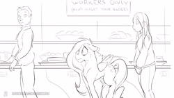 Size: 3840x2160 | Tagged: safe, artist:icychamber, fluttershy, human, pegasus, pony, comic:free fall, cafeteria, comic, monochrome