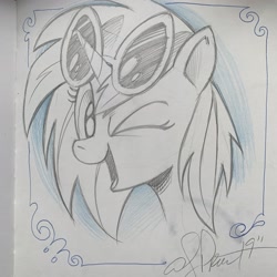 Size: 2048x2048 | Tagged: safe, artist:andypriceart, dj pon-3, vinyl scratch, pony, unicorn, female, glasses, mare, one eye closed, solo, traditional art, wink